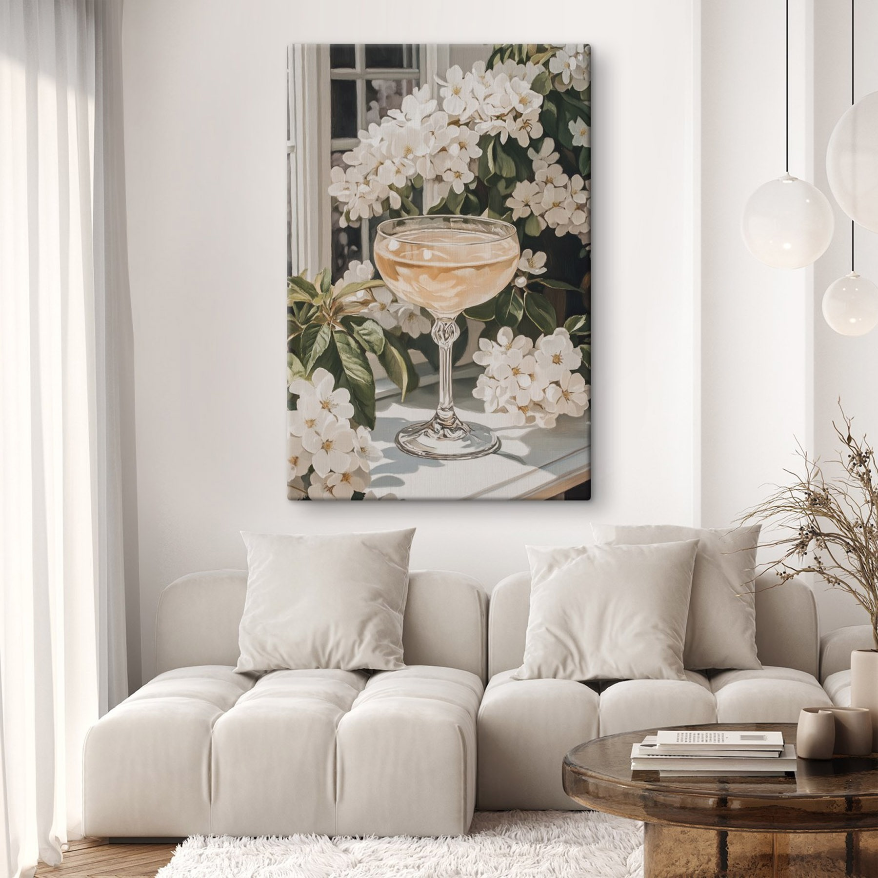 Glass of wine next to flowers