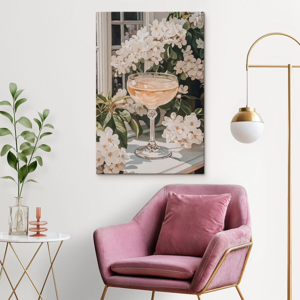 Glass of wine next to flowers