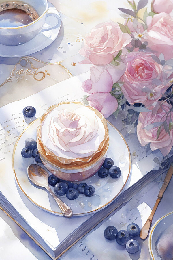 Aquarel schilderij van een dessert met een roos bovenop een bord met bosbessen en een lepel Aquarel schilderij van een dessert met een roos bovenop een bord met bosbessen en een lepel