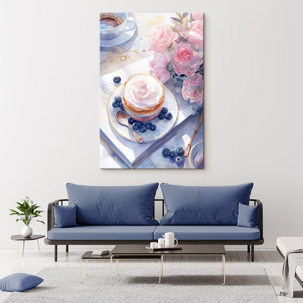 Aquarel schilderij van een dessert met een roos bovenop een bord met bosbessen en een lepel Aquarel schilderij van een dessert met een roos bovenop een bord met bosbessen en een lepel