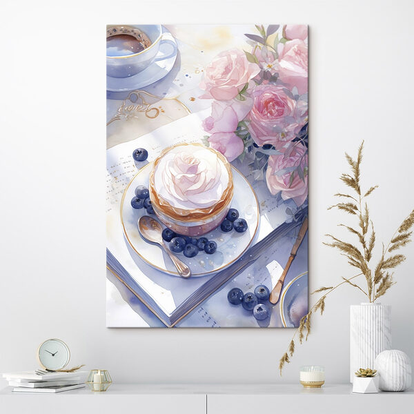 Aquarel schilderij van een dessert met een roos bovenop een bord met bosbessen en een lepel Aquarel schilderij van een dessert met een roos bovenop een bord met bosbessen en een lepel