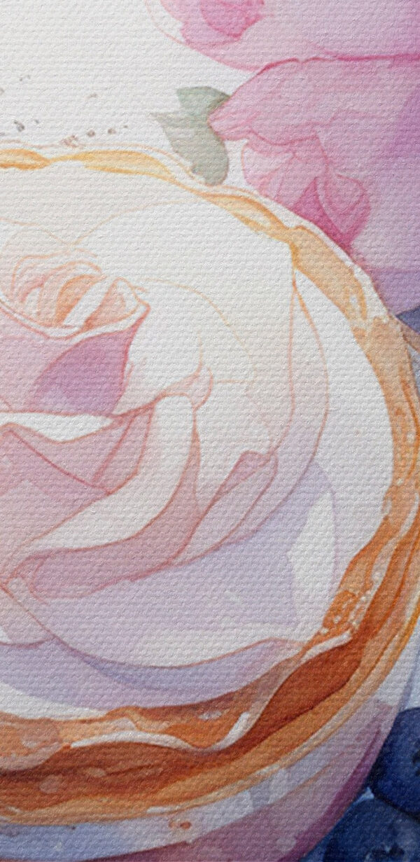 Aquarel schilderij van een dessert met een roos bovenop een bord met bosbessen en een lepel Aquarel schilderij van een dessert met een roos bovenop een bord met bosbessen en een lepel