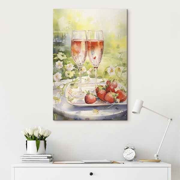 Canvas Schilderijen Canvas Schilderijen Aquarel schilderij van twee glazen champagne en aardbeien op een dienblad (Artikelnummer: s43056)