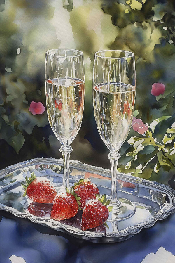 Twee glazen champagne en aardbeien op een dienblad Twee glazen champagne en aardbeien op een dienblad