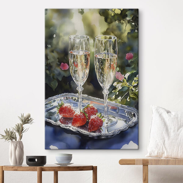 Twee glazen champagne en aardbeien op een dienblad Twee glazen champagne en aardbeien op een dienblad