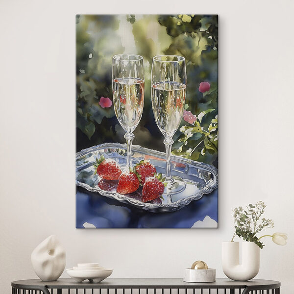 Twee glazen champagne en aardbeien op een dienblad Twee glazen champagne en aardbeien op een dienblad