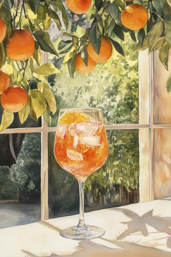 Glas sinaasappelsap met ijs en sinaasappels uit een raam Glas sinaasappelsap met ijs en sinaasappels uit een raam