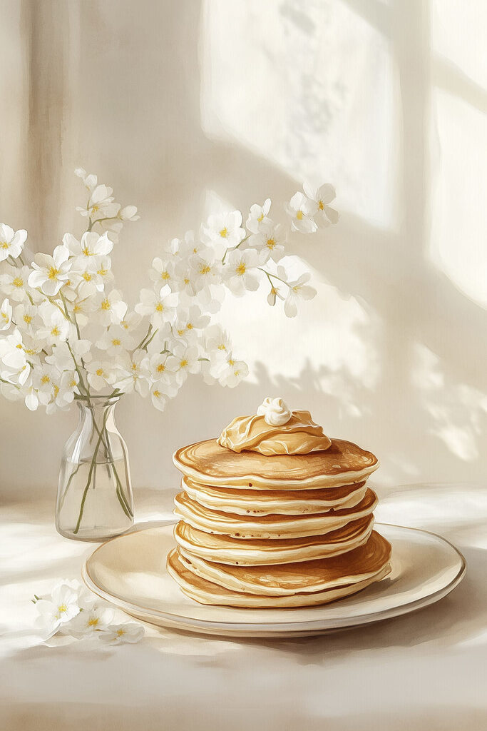 Stack of pancakes on a plate next to a vase of flowers