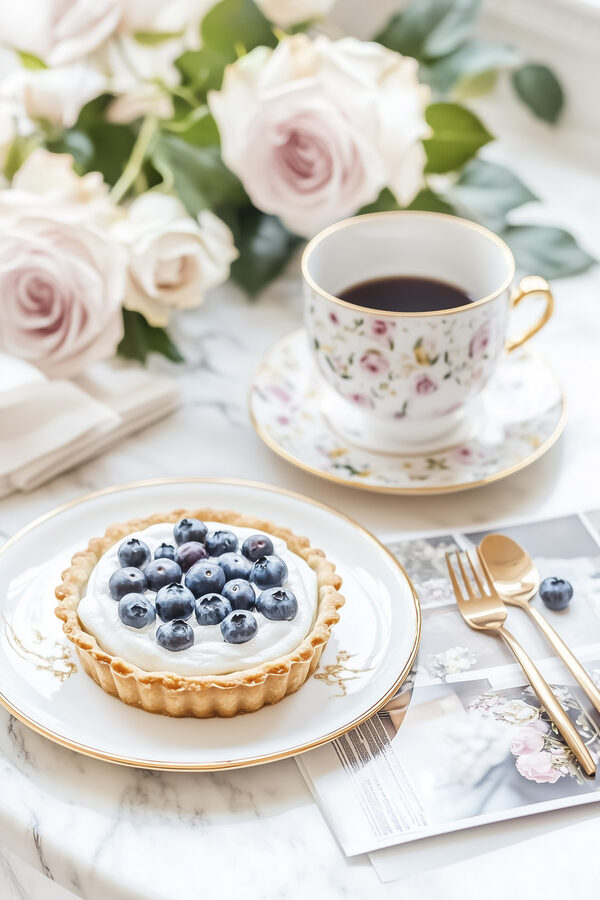 Dessert op een bord met een kopje koffie en bloemen Dessert op een bord met een kopje koffie en bloemen