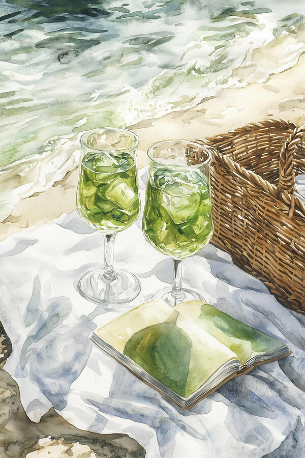 Aquarel van twee glazen wijn naast een picknickmand en een boek Aquarel van twee glazen wijn naast een picknickmand en een boek