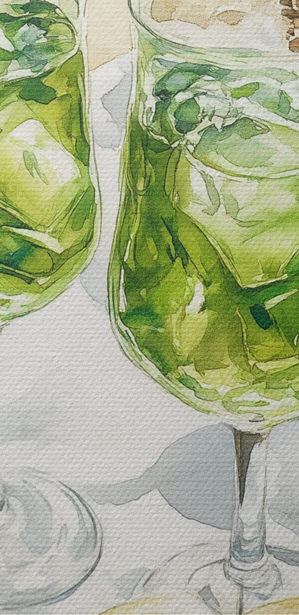 Aquarel van twee glazen wijn naast een picknickmand en een boek Aquarel van twee glazen wijn naast een picknickmand en een boek