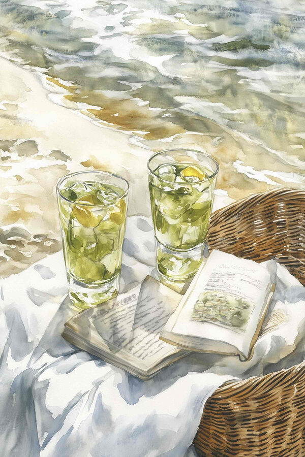 Aquarel van twee glazen ijsthee en een boek op een deken op een strand Aquarel van twee glazen ijsthee en een boek op een deken op een strand