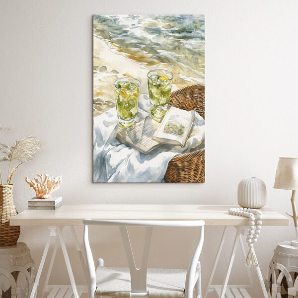 Aquarel van twee glazen ijsthee en een boek op een deken op een strand Aquarel van twee glazen ijsthee en een boek op een deken op een strand
