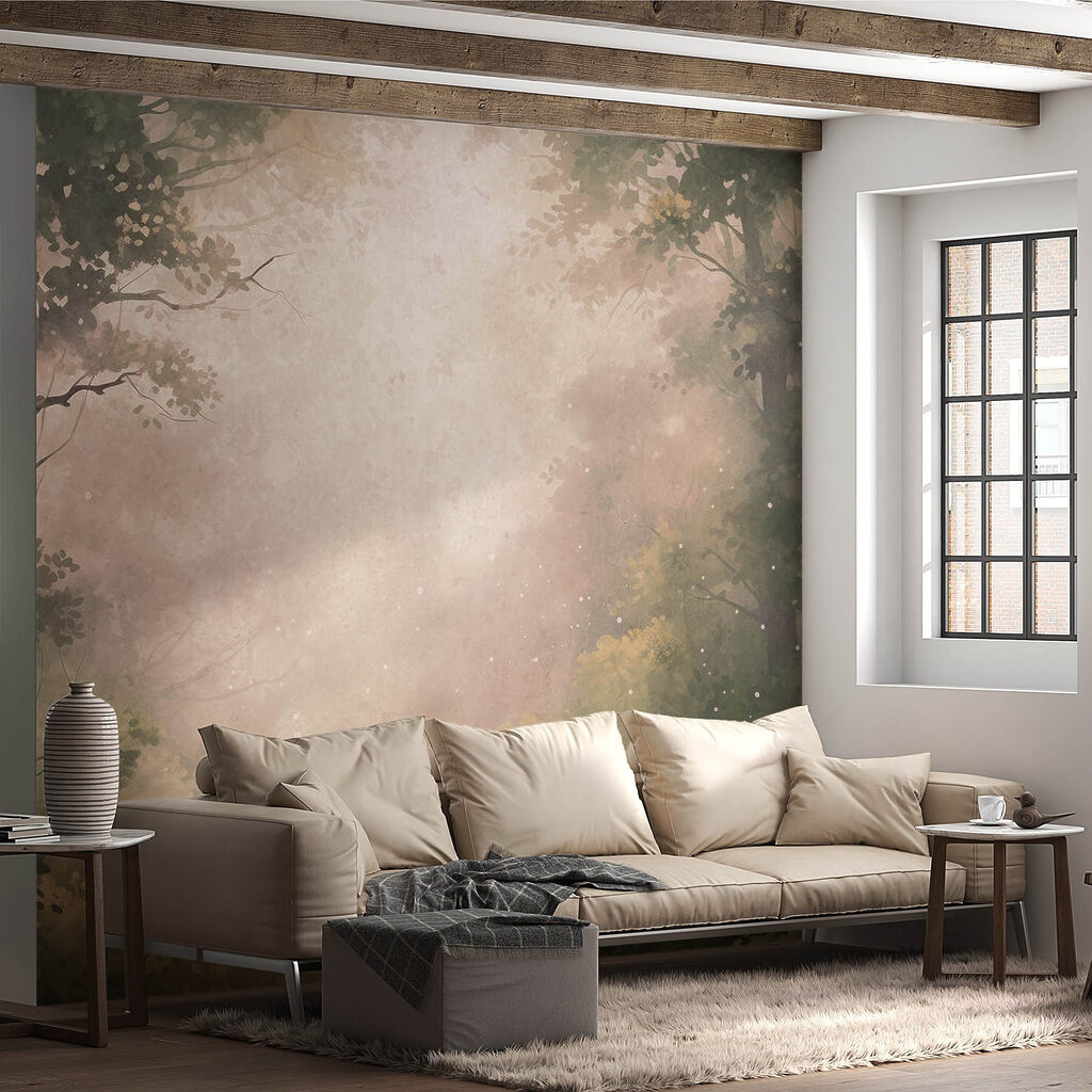 Foggy forest with trees and plants Foggy forest with trees and plants