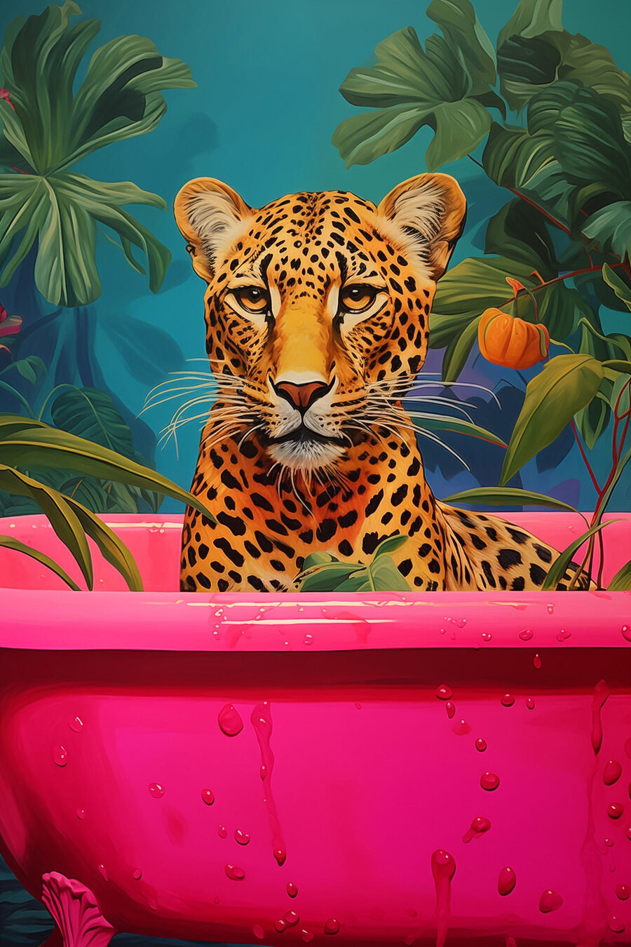 Cheetah in een roze bad met planten