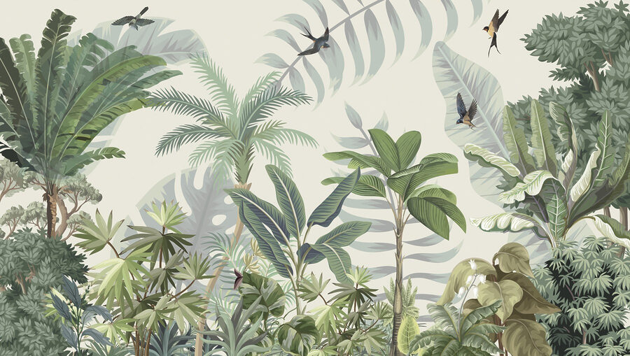 Behang met tropische planten en vogels