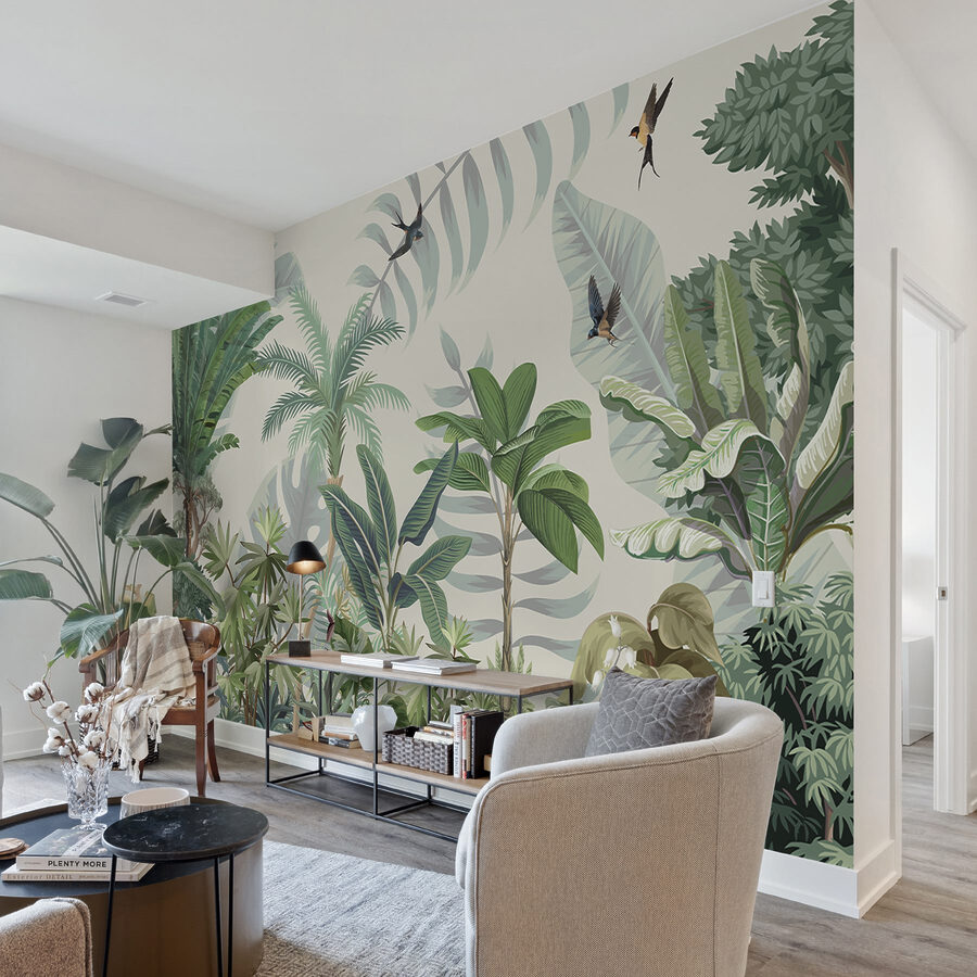 Behang met tropische planten en vogels