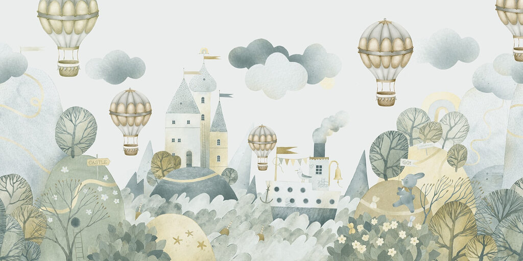 Aquarel van een kasteel en heteluchtballonnen Aquarel van een kasteel en heteluchtballonnen