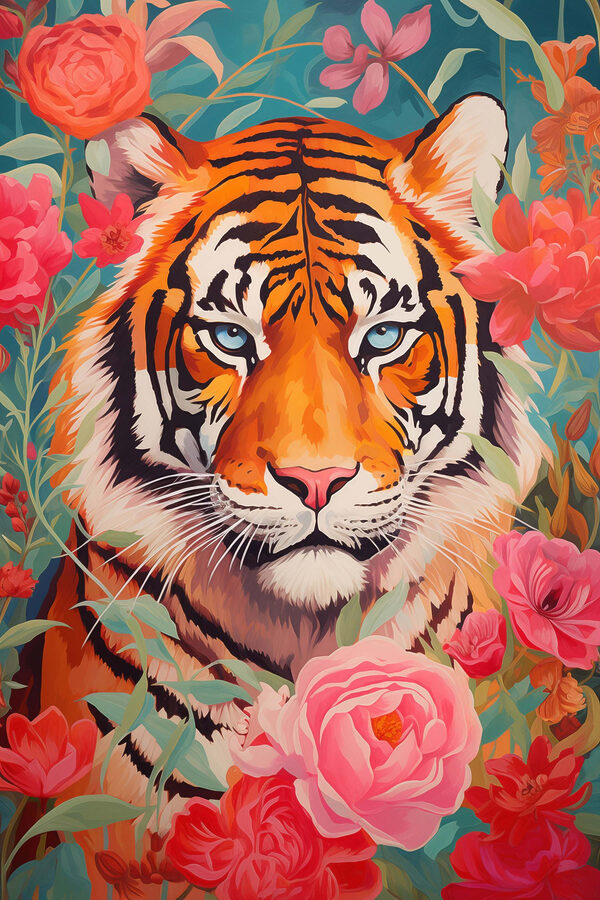 Schilderij van een tijger omringd door bloemen Schilderij van een tijger omringd door bloemen