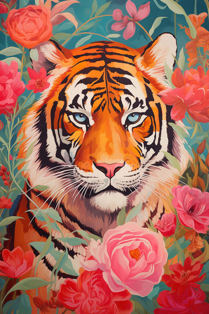 Painting of a tiger surrounded by flowers Painting of a tiger surrounded by flowers