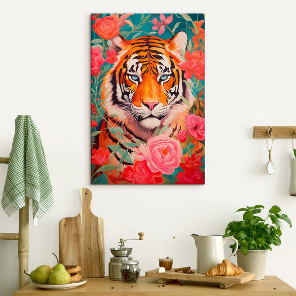 Schilderij van een tijger omringd door bloemen Schilderij van een tijger omringd door bloemen