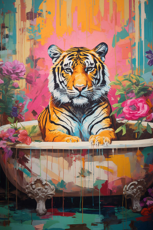 Schilderij van een tijger in een gebloemde kuip Schilderij van een tijger in een gebloemde kuip