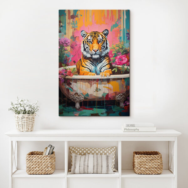 Schilderij van een tijger in een gebloemde kuip Schilderij van een tijger in een gebloemde kuip