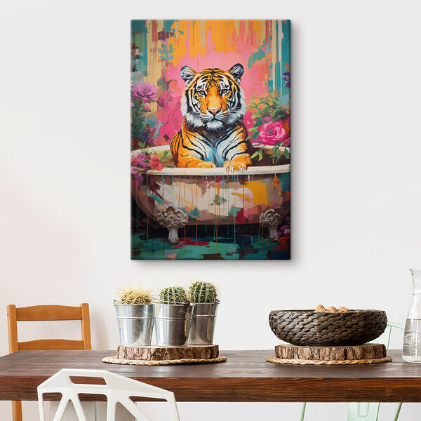 Schilderij van een tijger in een gebloemde kuip Schilderij van een tijger in een gebloemde kuip
