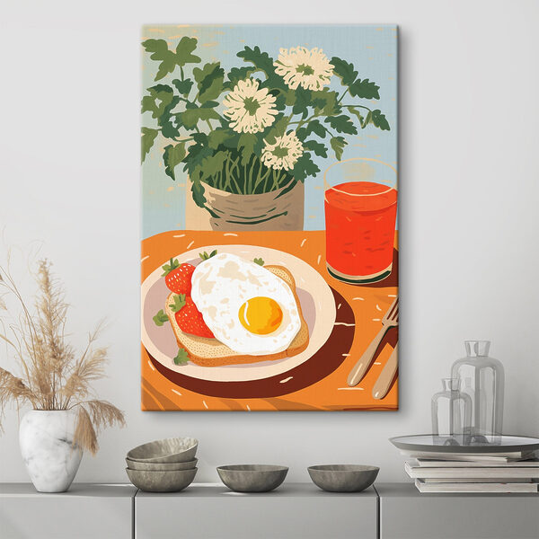 Bord eten met een sunny side up ei en aardbeien Bord eten met een sunny side up ei en aardbeien