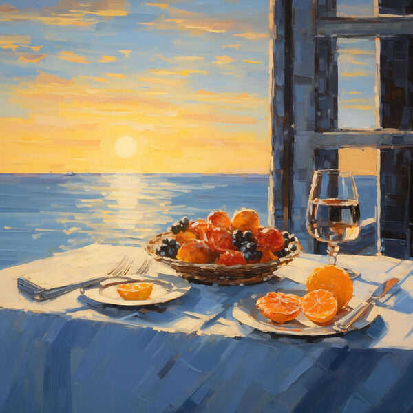 Schilderij van een mand fruit op een tafel met een glas wijn Schilderij van een mand fruit op een tafel met een glas wijn