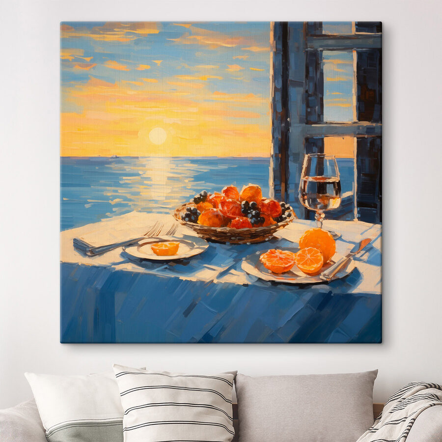 Schilderij van een mand fruit op een tafel met een glas wijn