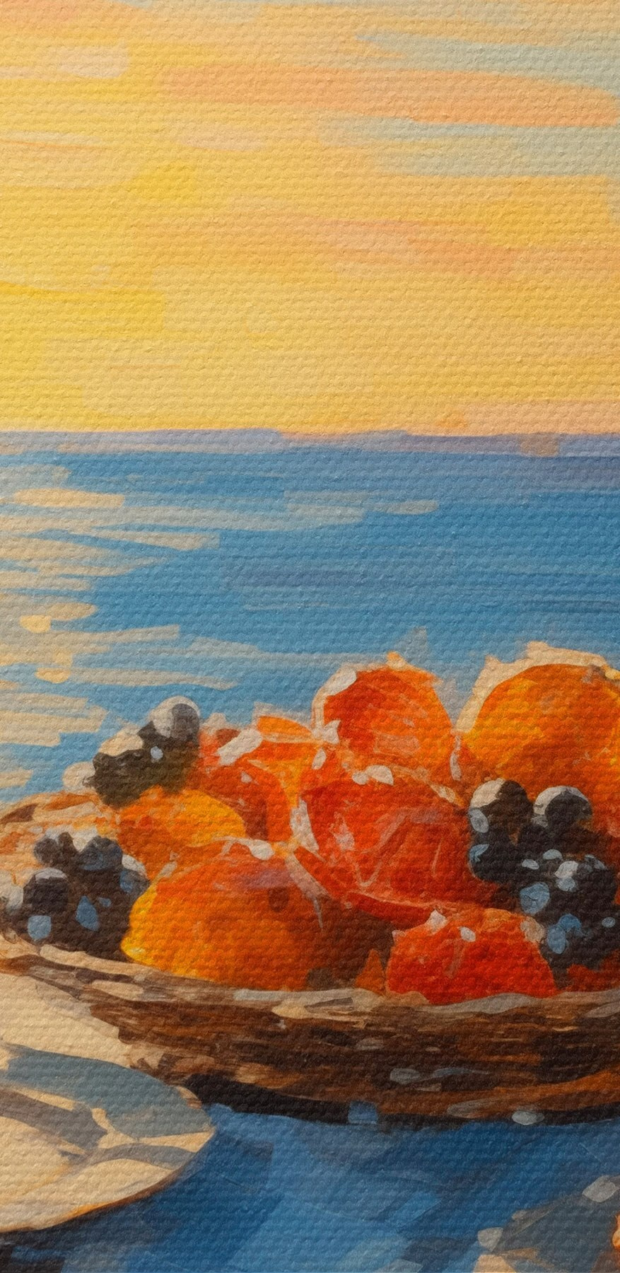 Schilderij van een mand fruit op een tafel met een glas wijn