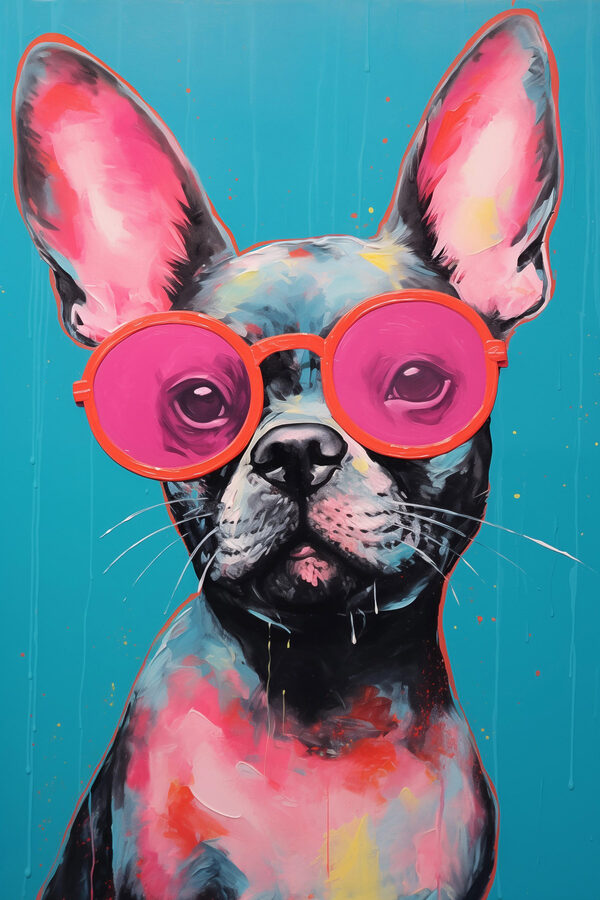 Schilderij van een hond met roze zonnebril Schilderij van een hond met roze zonnebril