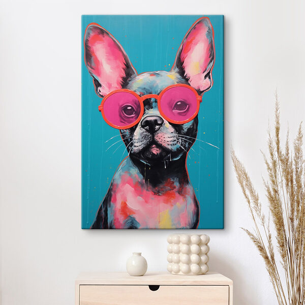 Schilderij van een hond met roze zonnebril Schilderij van een hond met roze zonnebril