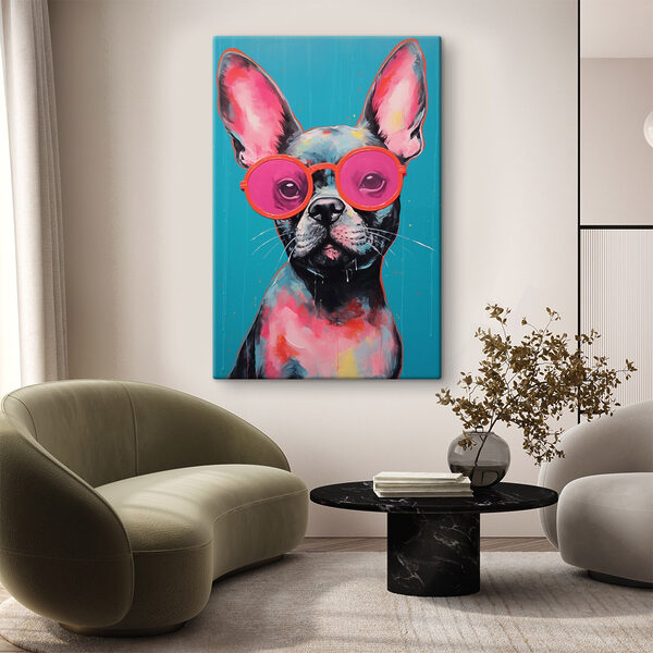 Schilderij van een hond met roze zonnebril Schilderij van een hond met roze zonnebril