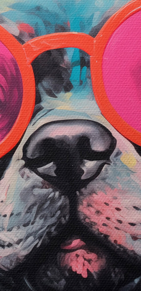 Schilderij van een hond met roze zonnebril Schilderij van een hond met roze zonnebril