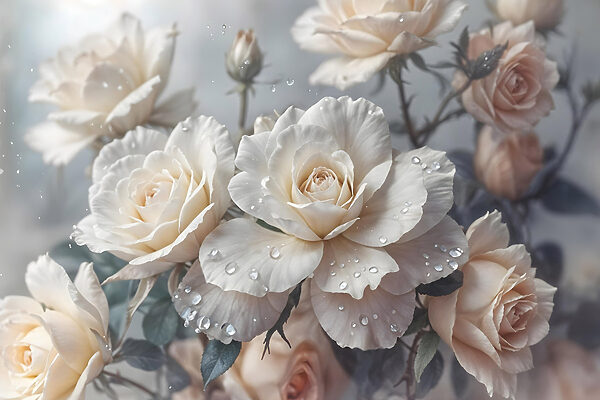 Groep witte rozen met waterdruppels Groep witte rozen met waterdruppels