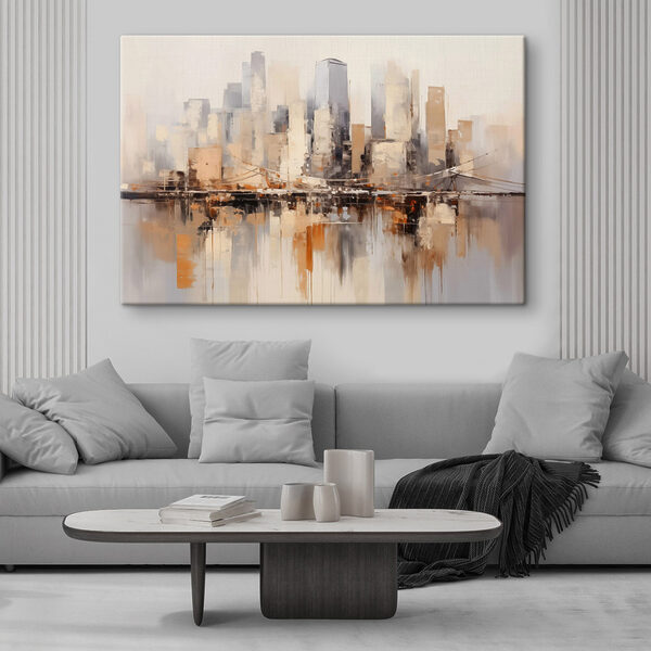 Schilderij van een stad met een brug over water Schilderij van een stad met een brug over water
