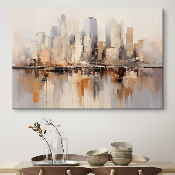 Schilderij van een stad met een brug over water Schilderij van een stad met een brug over water