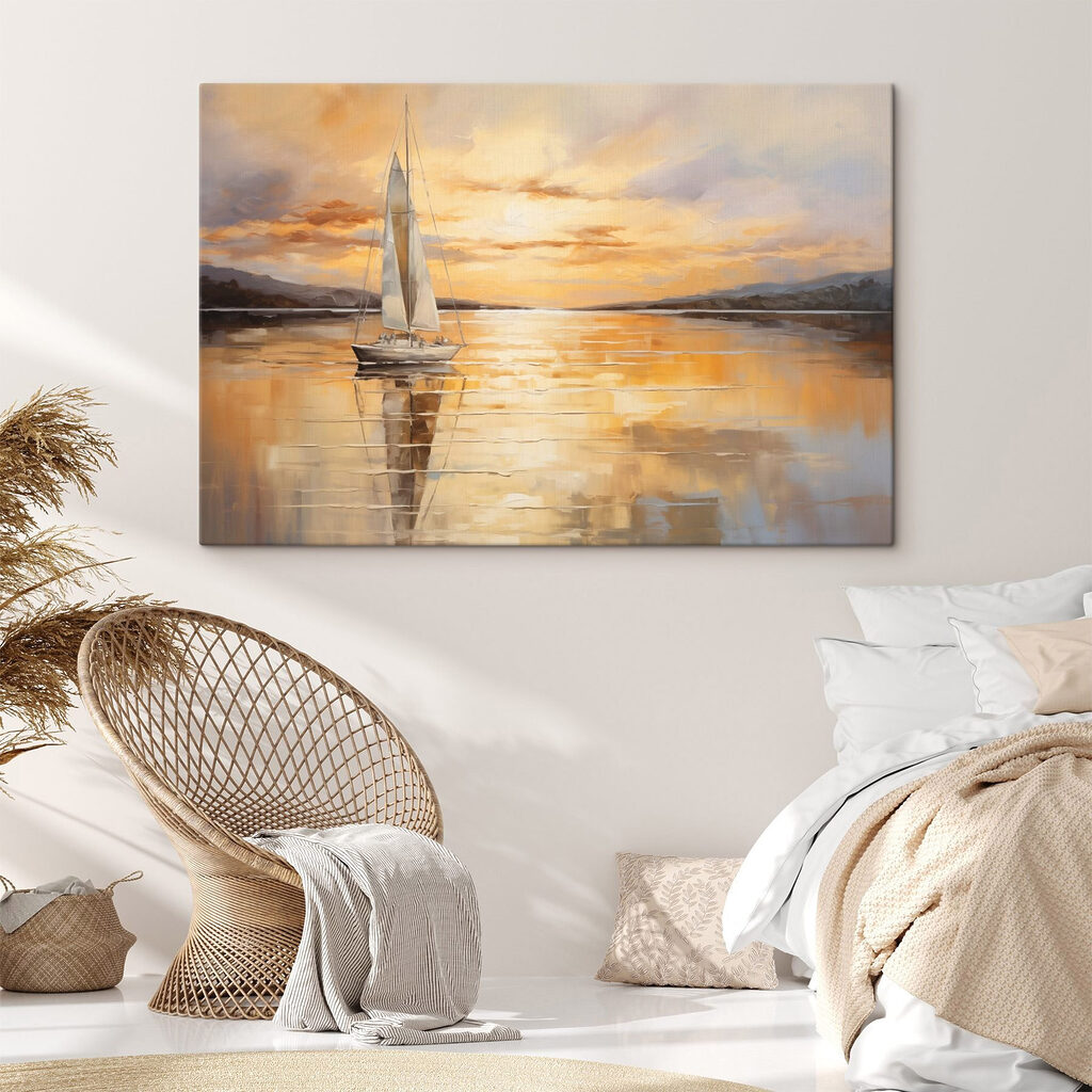 Painting of a sailboat on a calm lake
