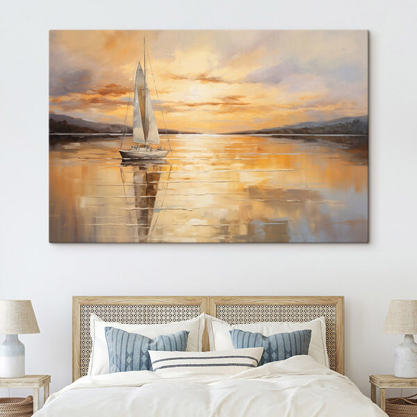 Schilderij van een zeilboot op een rustig meer Schilderij van een zeilboot op een rustig meer