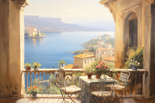 Schilderij van een balkon met uitzicht op het water Schilderij van een balkon met uitzicht op het water