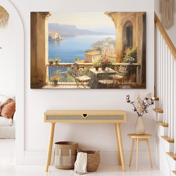 Schilderij van een balkon met uitzicht op het water Schilderij van een balkon met uitzicht op het water
