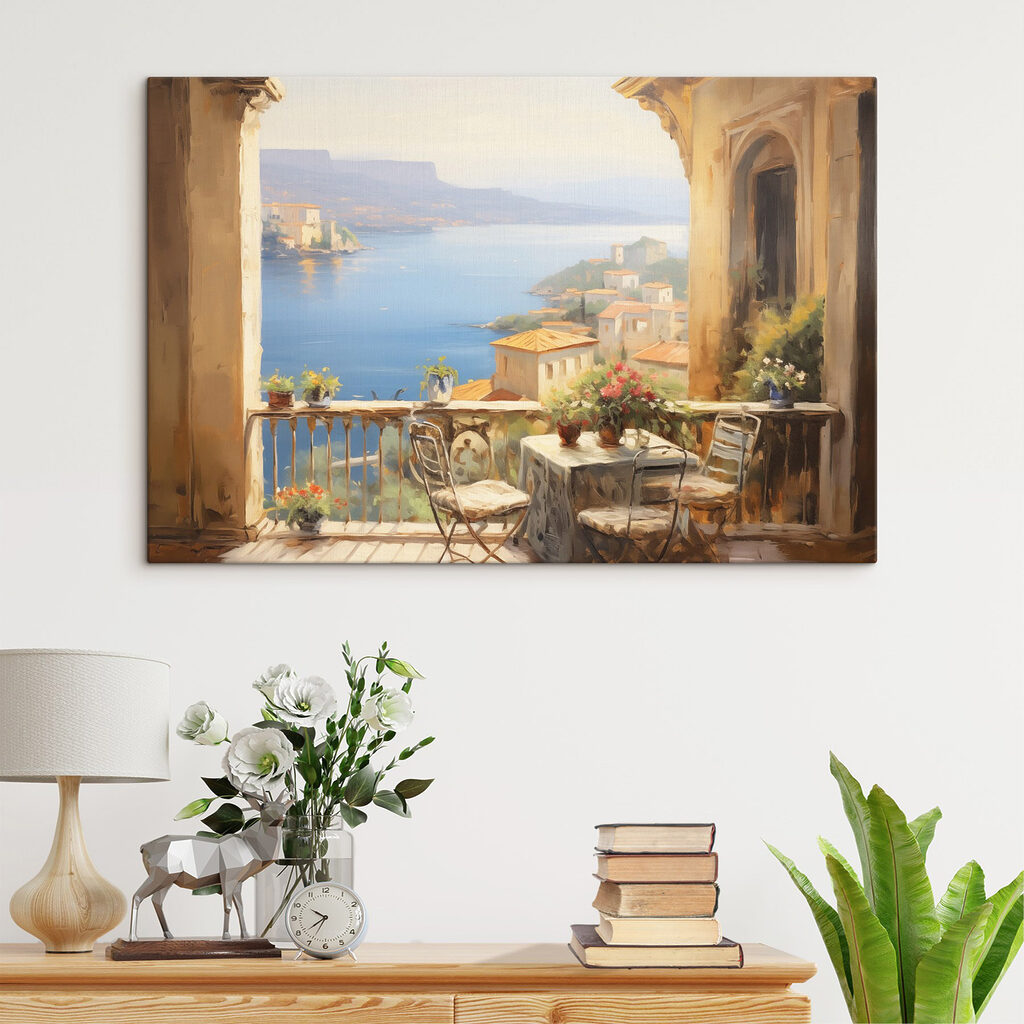 Painting of a balcony overlooking a body of water