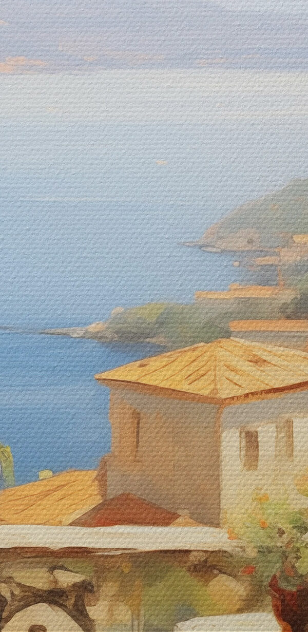 Schilderij van een balkon met uitzicht op het water Schilderij van een balkon met uitzicht op het water