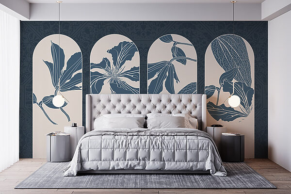 Groep witte en blauwe bloemmotieven Groep witte en blauwe bloemmotieven