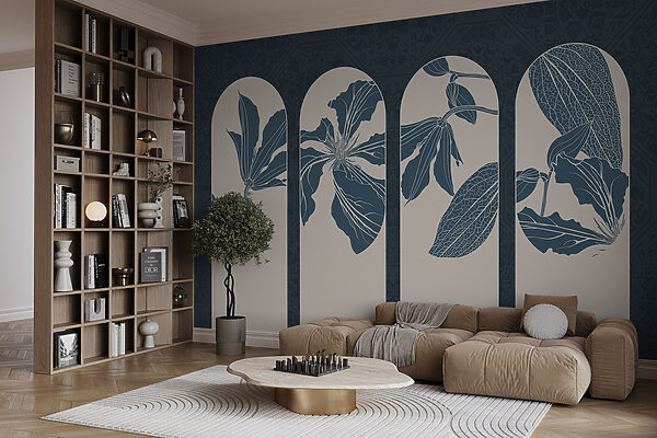 Groep witte en blauwe bloemmotieven Groep witte en blauwe bloemmotieven