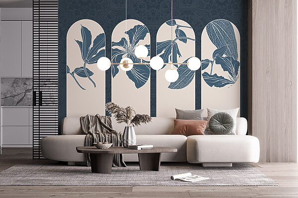 Groep witte en blauwe bloemmotieven Groep witte en blauwe bloemmotieven