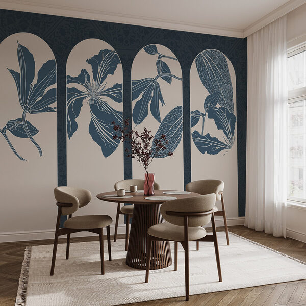 Groep witte en blauwe bloemmotieven Groep witte en blauwe bloemmotieven
