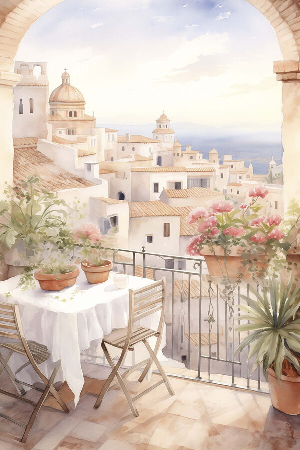 Aquarel schilderij van een tafel en stoelen op een balkon met uitzicht op een stad Aquarel schilderij van een tafel en stoelen op een balkon met uitzicht op een stad